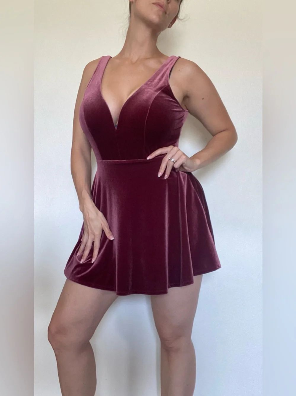Express Plunge Velvet Skater Dress Wine Built In Shorts Party